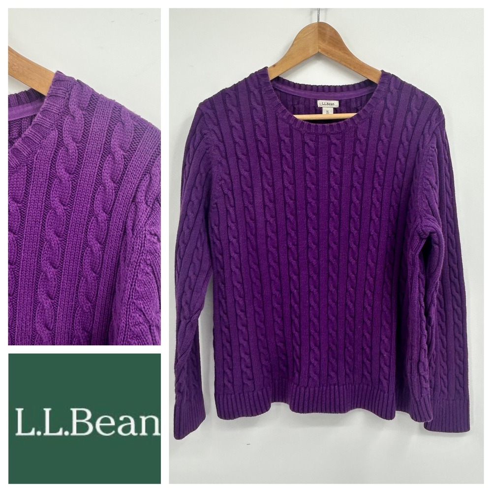 LL Bean Purple Cable Knit Sweater Women's XL‎ Petite Cotton Blend Long Sleeve